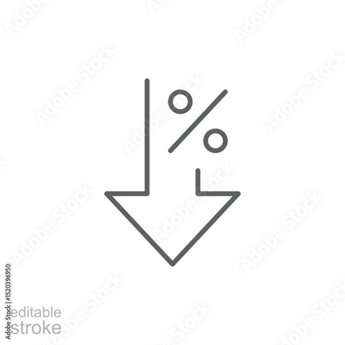 Down Arrow with Percentage Symbol Outline Icon Editable Stroke Representing Decrease Discount or Financial Drop