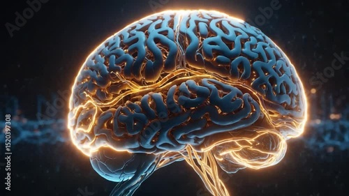 Futuristic render of a human brain illuminated with energetic glowing effects in a dark background