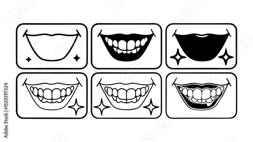 "A modern dental icon set depicting before-and-after treatments: teeth whitening, filling, and straightening. Clean, flat, stylized shapes in a grid layout, gray-blue on light gray."



