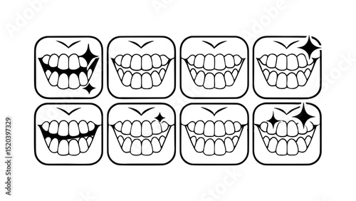"A modern dental icon set depicting before-and-after treatments: teeth whitening, filling, and straightening. Clean, flat, stylized shapes in a grid layout, gray-blue on light gray."



