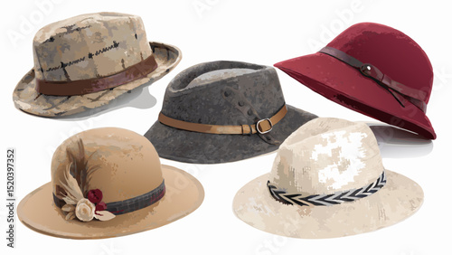 Woman hat collection isolated on white background, set of hats