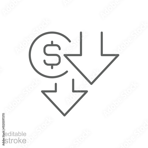 Outline Cost Reduction Icon with Downward Arrows and Dollar Symbol Financial Decrease Line Art Editable Stroke Expense Lowering