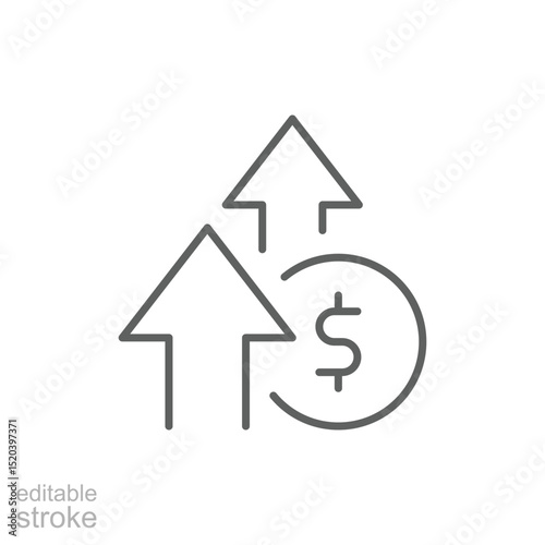 Editable Stroke Outline Icon Showing Money Value Upward Trend and Growing Expenses Cost Increase Financial Growth Symbol