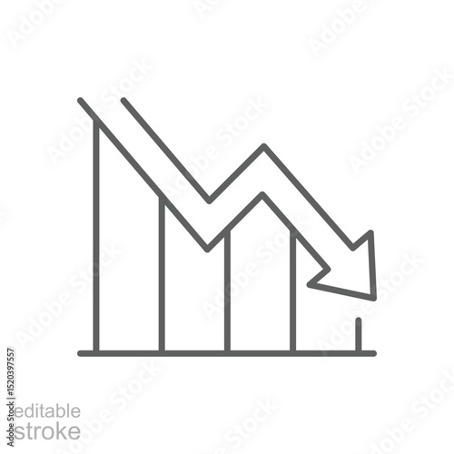 Editable Stroke Outline Icon for Economic Recession and Revenue Fall Financial Performance Chart with Downward Arrow Symbol