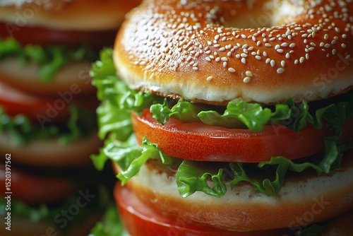Delicious Sesame Bagel Burger with Lettuce and Tomato - Gourmet Fast Food Using Fresh Ingredients