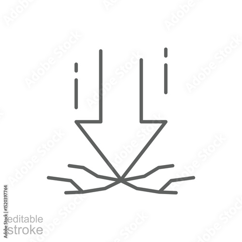 Editable Stroke Outline Icon Showing Downward Impact Breaking Surface Representing Crisis Damage and Stress