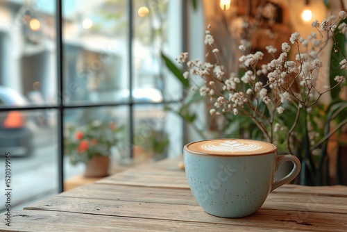 Cozy Caf Coffee Culture. Morning Latte Amidst Natural Light and Floral Arrangements on a Wooden Table