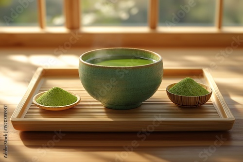 Organic Matcha Green Tea. Tranquil Wellness in a Rustic Artisan Bowl on Wooden Tray - Relaxation and Mindfulness in Traditional Japanese Tea Ceremony