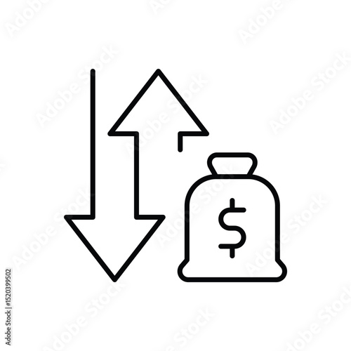 Outline Icon for Financial Rate Changes and Market Fluctuation Money Bag with Up and Down Arrows