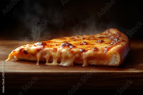 Delicious Cheesy Pizza Slice - Indulgent Italian Takeaway with Pepperoni, Herbs, and Savory Crust on Wooden Board