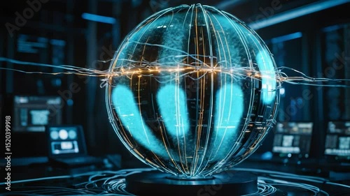 Futuristic spherical data visualization depicting secure technology connections within digital environment