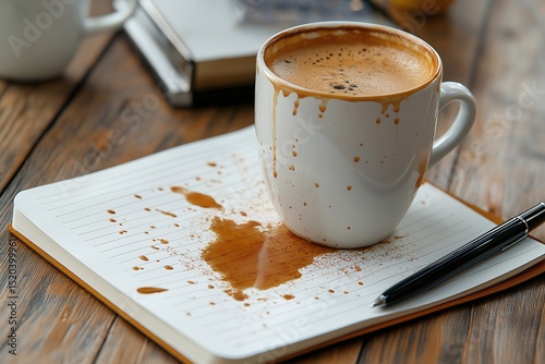 Cozy Morning Routine. Spilled Coffee Cup, Notebook & Pen on Rustic Wooden Table in Home Office
