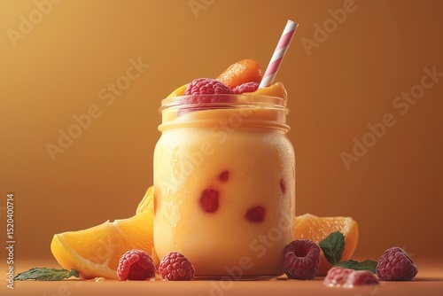 Refreshing Summer Fruit Smoothie in Jam Jar with Sweet Raspberry and Organic Mango