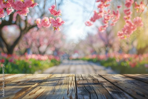 An Empty Wooden Table Top Overlooking a Blooming Spring Garden  Blurred Background
