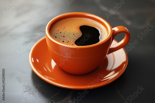 Morning Coffee Ritual. Cozy Ceramic Cup of Hot Espresso on Rustic Wooden Table for a Refreshing and Aromatic Beverage Experience in Black and Orange Delight