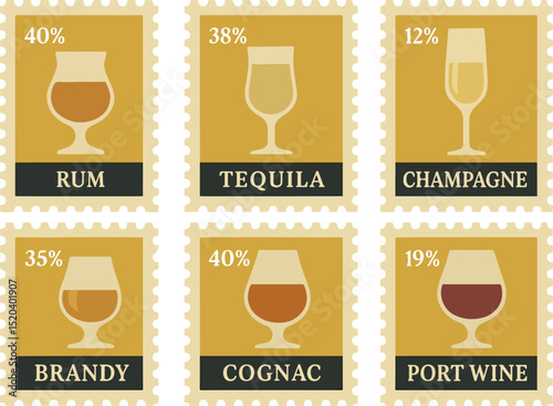 Six vintage-inspired stamps featuring alcoholic beverages in a two-by-three grid