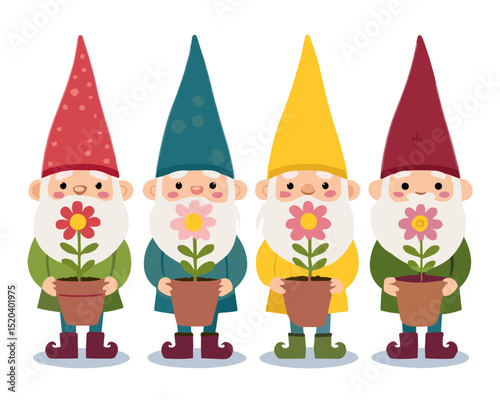 Cute garden gnomes holding flower pots, colorful cartoon illustration for children’s book, spring or gardening theme 