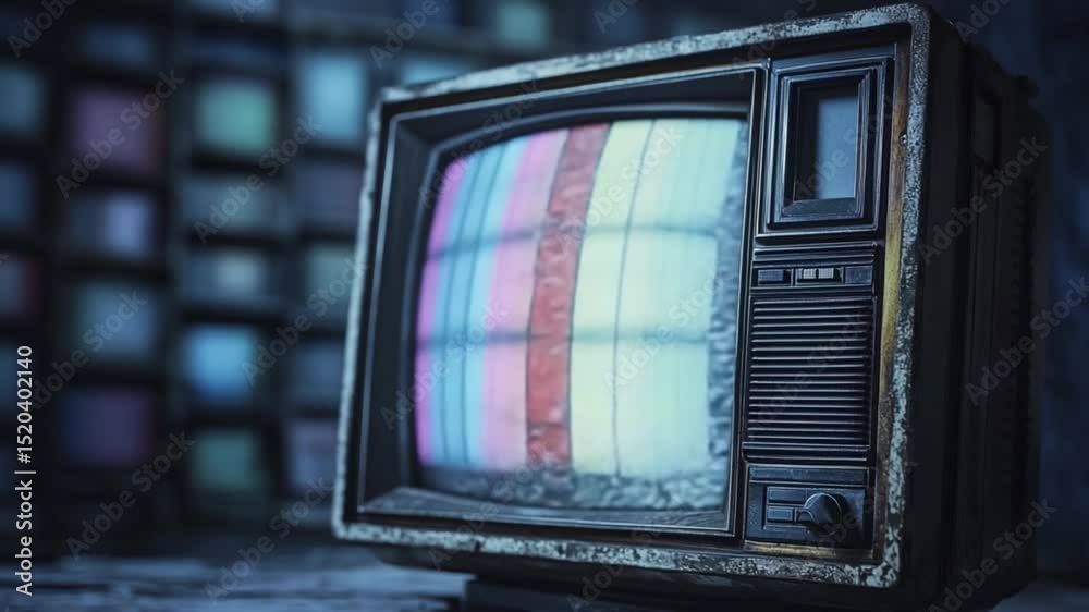 Vintage television set displaying static in a dimly lit retro room filled with old screens