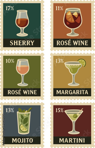 Six postage-style stamps celebrating alcoholic beverages in cocktail glasses