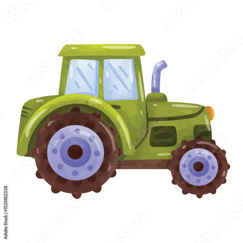 Watercolor hand painted  tractor, green tractor vector illustration, hand drawn watercolor painting style, tractor clip art, clip art tractor, isolated on white background