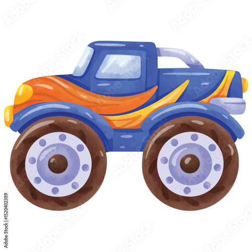 Watercolor hand painted monster truck, monster truck vector, monster truck clip art, clip art monster trucks, monstertruck illustration in watercolor style, isolated on white background