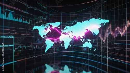 Global financial data analysis and economic trend visualization on animated world map with trading charts
