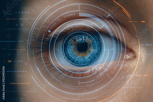 Close-up of a human eye with a high-tech digital interface overlay, representing biometric scanning, identity verification, cybersecurity, and future technology innovation

