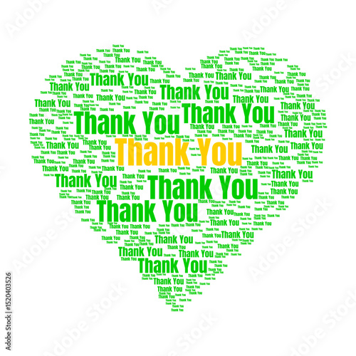 Heart-shaped word collage containing 'Thank You' messages in blue and yellow, symbolizing gratitude and appreciation, suitable for greeting cards, thank you notes, or celebratory designs.
