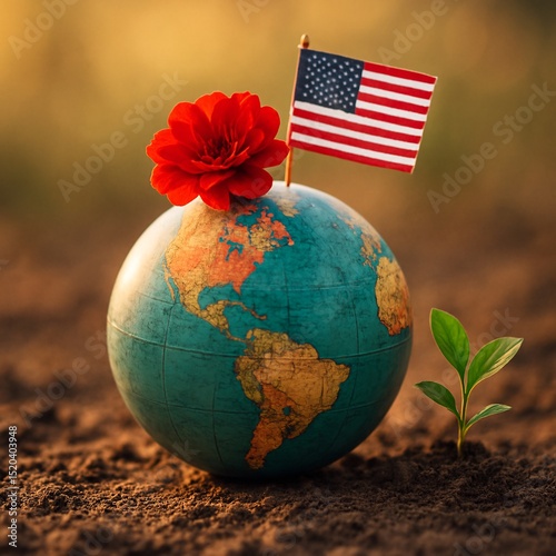 Symbolic concept of environmental responsibility with a globe, American flag, red flower, and young plant growing in soil under warm sunlight, representing hope and sustainability

