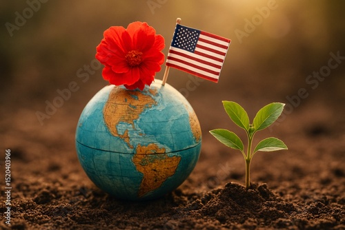 Symbolic concept of environmental responsibility with a globe, American flag, red flower, and young plant growing in soil under warm sunlight, representing hope and sustainability


