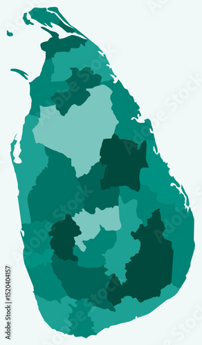 Map of Sri Lanka with regions. Just a simple country border map with region division. Teal color palette. Plain Sri Lanka shape with administrative division. Vector illustration.