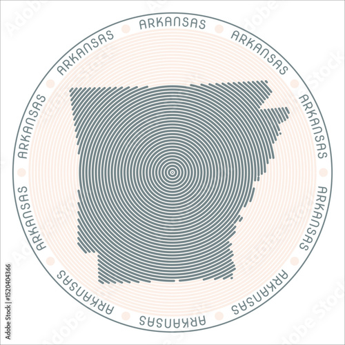 Arkansas round logo design. State shape build of rings. Arkansas text around the state. Vector Illustration.