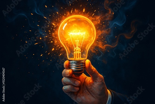 Glowing light bulb held by a hand with dynamic sparks and fiery energy, symbolizing innovation, creativity, brilliant ideas, and the powerful spark of imagination and inspiration.


