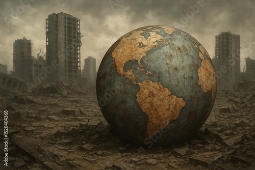 Dramatic image of a cracked, weathered globe resting on a devastated urban landscape with destroyed buildings and a dark sky symbolizing climate crisis and global collapse

