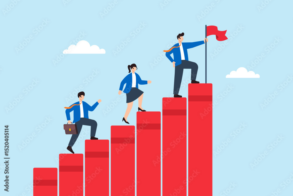 Flat illustration of business leader planting flag on top of red progress bars while team climbs steps of startup achievement