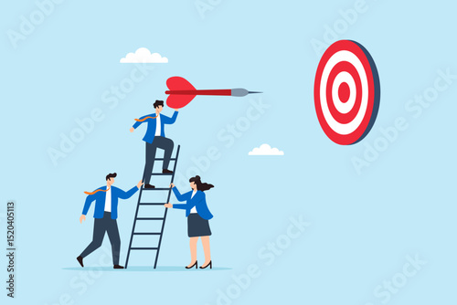 Flat illustration of business leader launching dart at target while team supports ladder as symbol of strategic planning and teamwork