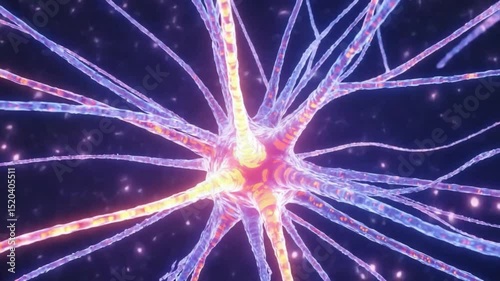 Glowing neuron cell with dendrites and axon branches displaying neural activity in a dark space