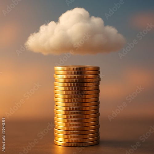 Stack of shiny gold coins reaching toward a fluffy white cloud with soft warm light, symbolizing cloud finance, digital wealth, investment growth, and economic aspiration

