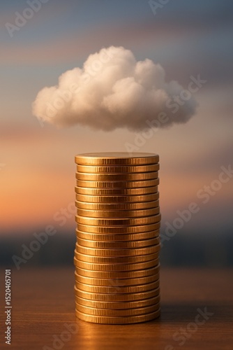 Stack of shiny gold coins reaching toward a fluffy white cloud with soft warm light, symbolizing cloud finance, digital wealth, investment growth, and economic aspiration

