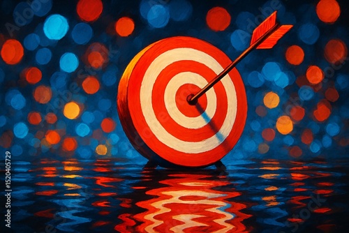 Bullseye target with arrow in center reflecting in water, glowing with vibrant red, orange and blue bokeh lights, symbolizing success, precision and achievement


