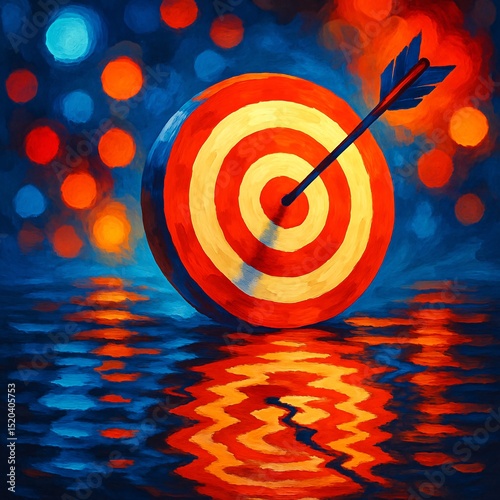 Bullseye target with arrow in center reflecting in water, glowing with vibrant red, orange and blue bokeh lights, symbolizing success, precision and achievement


