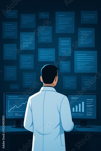 Futuristic data scientist analyzing multiple digital screens with graphs, charts, and code, representing big data, artificial intelligence, and technology innovation

