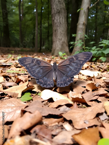 Mourning Cloak (Nymphalis antiopa) warming wings on leaf litter in park