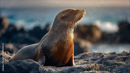 Endangered Seals on Rocky Shore: Marine Wildlife Photography at Sunset in the Galapagos