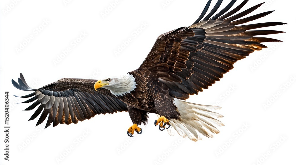Obraz premium Bald eagle in flight against white background. Use for wildlife, nature, and educational purposes
