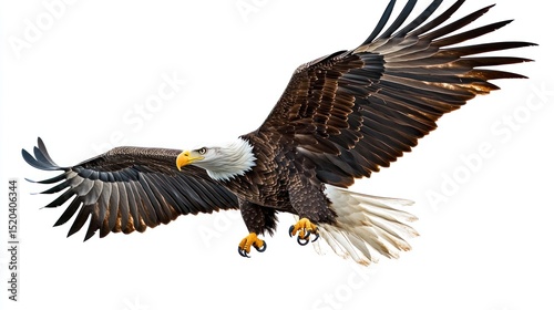 Bald eagle in flight against white background. Use for wildlife, nature, and educational purposes