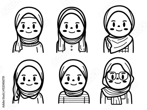 SET OF PEOPLE MUSLIM GIRL HIJAB STYLE AVATAR CHARACTERS HAND DRAWN VECTOR