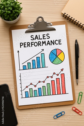 Top view of a clipboard showing colorful charts and graphs labeled “Sales Performance,” surrounded by office supplies, symbolizing business growth, analysis, and productivity

