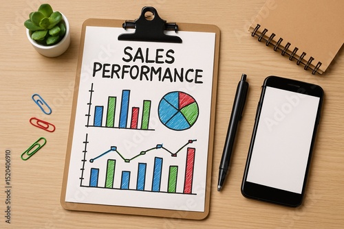 Top view of a clipboard showing colorful charts and graphs labeled “Sales Performance,” surrounded by office supplies, symbolizing business growth, analysis, and productivity

