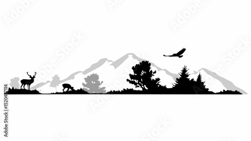 Silhouette of deer, eagle, and trees against a mountain range in a monochrome landscape design editable vector eps,ai